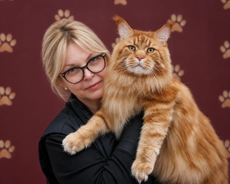 A red Maine Coon from Home in Raksi in the breeder's arms
